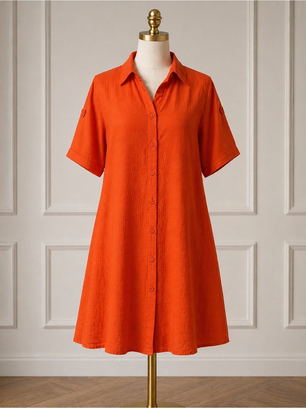 Button-Front Collared Mini Dress in Bright Orange